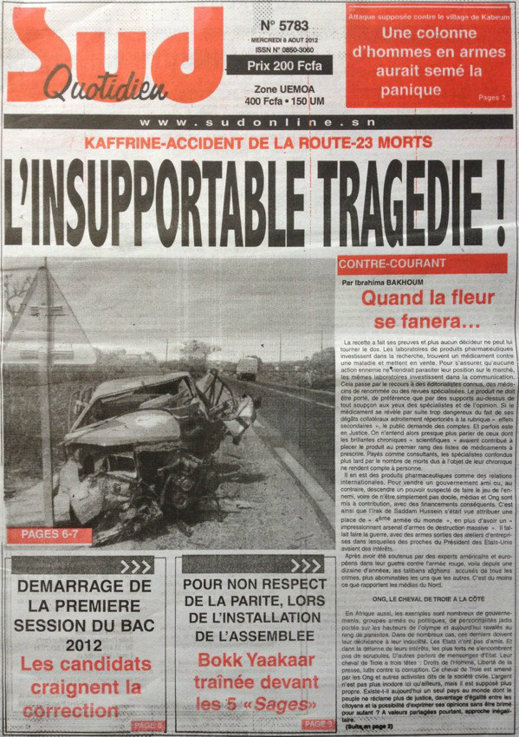 A la Une du Journal Sud Quotidien du 08 Août