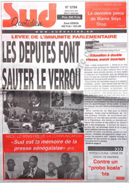 A la Une du Journal Sud Quotidien du 09 Août