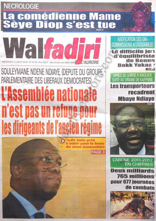 A la Une du Journal Walfadjri du 09 Août