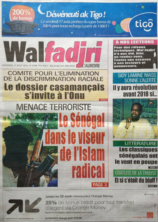 A la Une du Journal Walfadjri du 17 Août