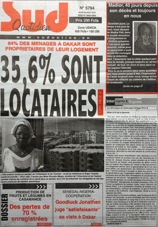 A la Une du Journal Sud Quotidien du 23 Août