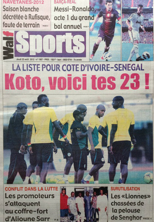 A la Une du Journal Walf Sports du 23 Août