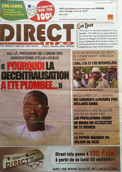 A la Une du Journal Direct Info du 31 Août