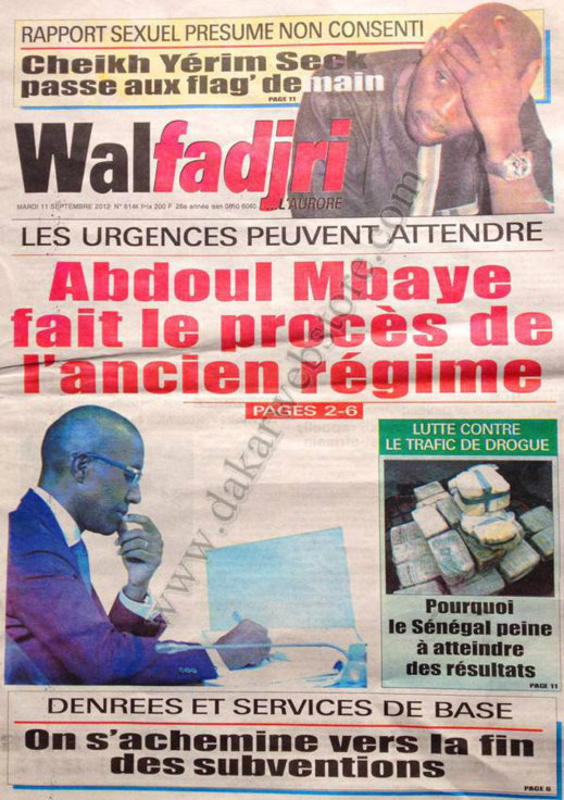 A la Une du Journal Walfadjri du 11 Septembre 