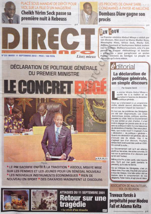 A la Une du Journal Direct Info du 11 Septembre 