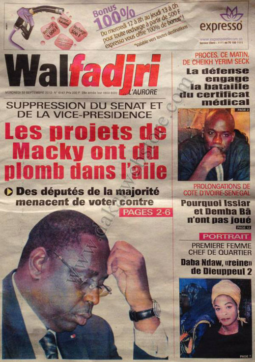 A la Une du Journal Walfadjri du 12 Septembre 