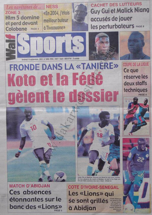 A la Une du Journal Walf Sport du 14 Sept