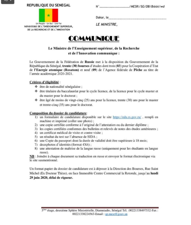 Le gouvernement de la Fédération de Russie offre 30 bourses d’études au Sénégal