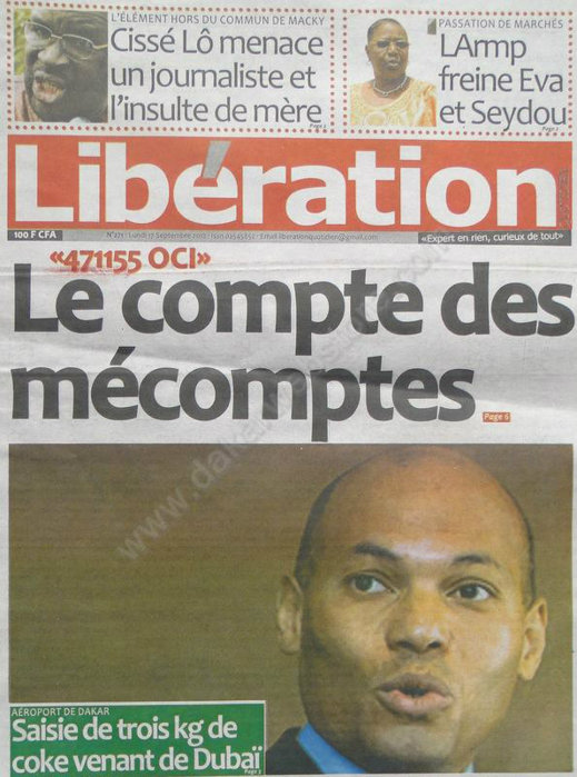 A la Une du Journal Libération du 17 Septembre 