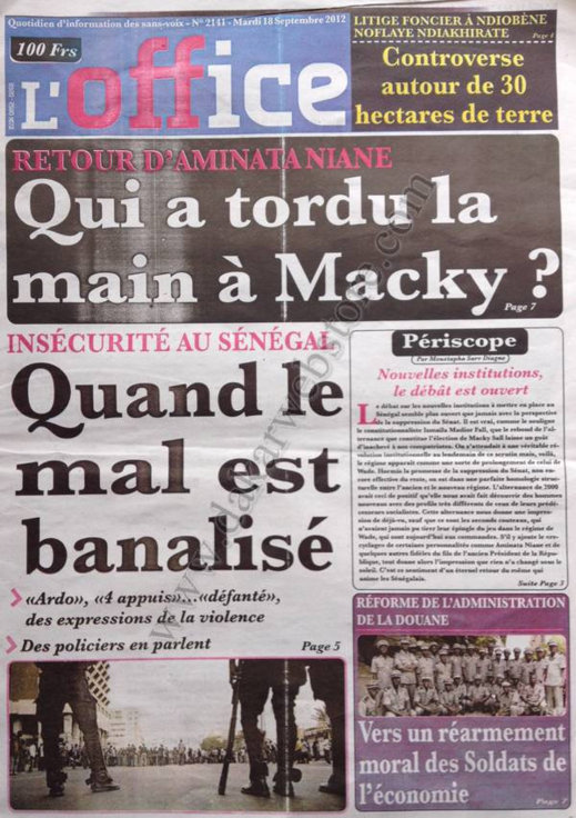 A la Une du Journal L'Office du 18 Septembre 