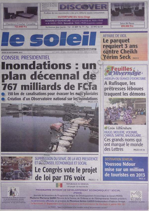 A la Une du Journal Le Soleil du 20 Septembre 