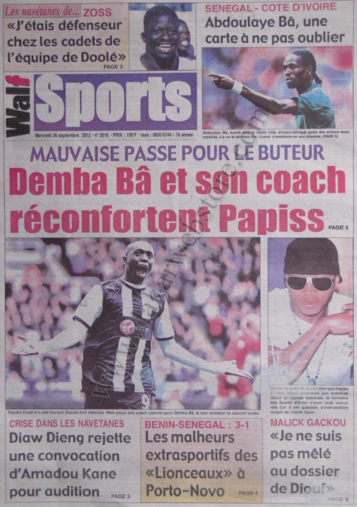 A la Une du Journal Walf Sports du 26 Septembre 