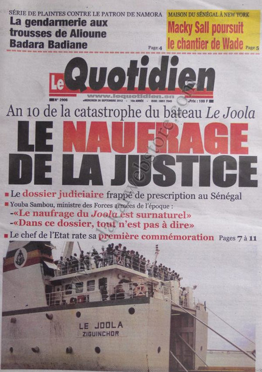 A la Une du Journal Le Quotidien du 26 Septembre 