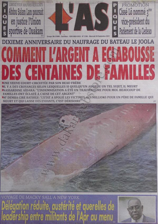 A la Une du Journal L'As du 26 Septembre 