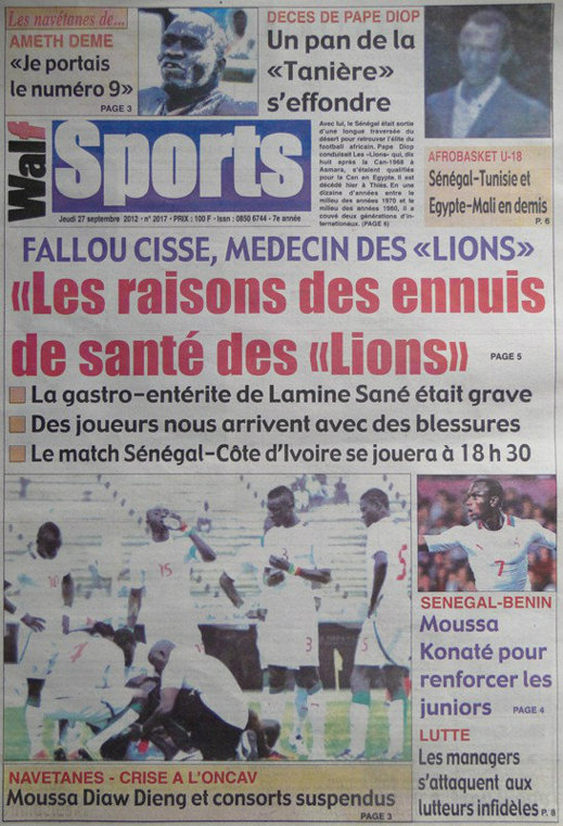 A la Une du Journal Walf Sports du 27 Septembre 