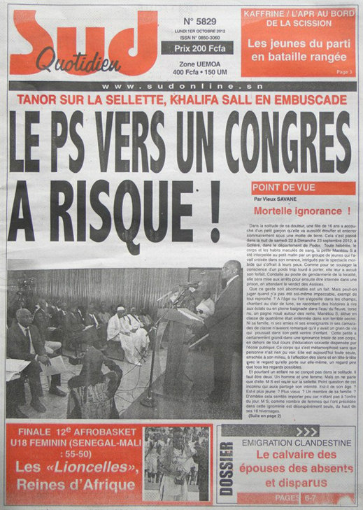 A la Une du Journal Sud Quotidien du 01 Oct