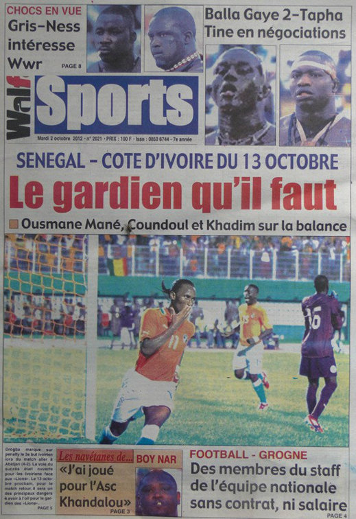 A la Une du Journal Walf Sports du 02 Octobre 