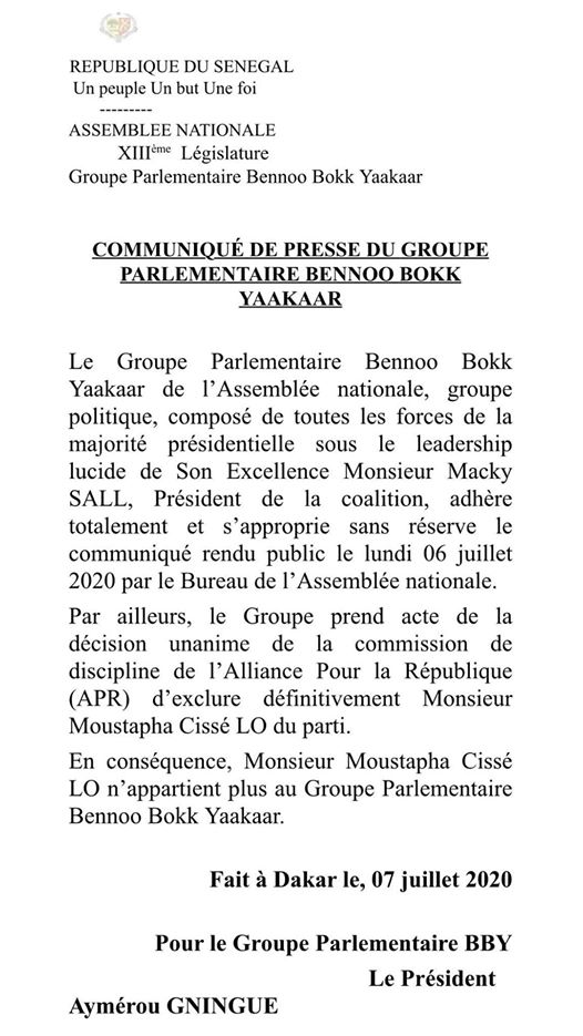 Assemblée nationale: Moustapha Cissé Lô exclu du groupe parlementaire Benno Bokk Yakaar