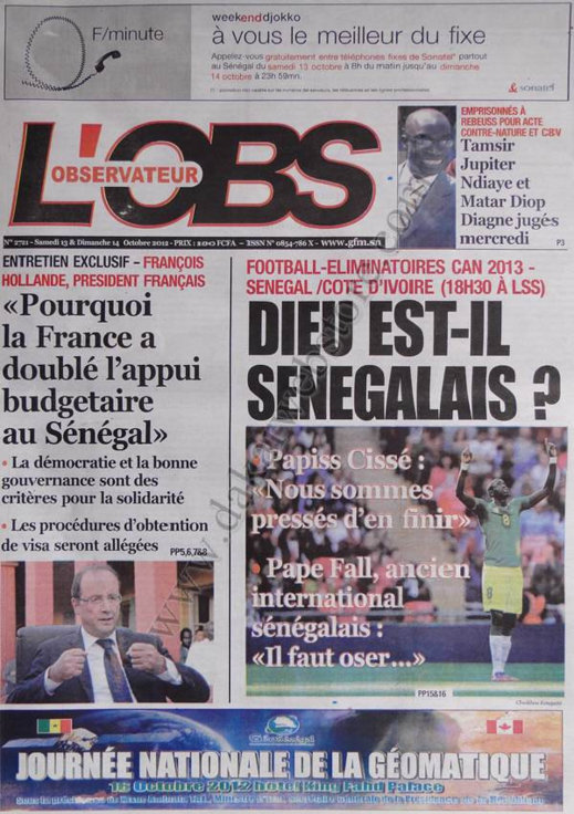 A la Une du Journal L'Observateur du 13 Octobre 