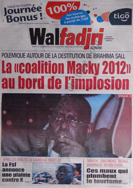 A la Une du Journal Walfadjri du 16 Octobre 