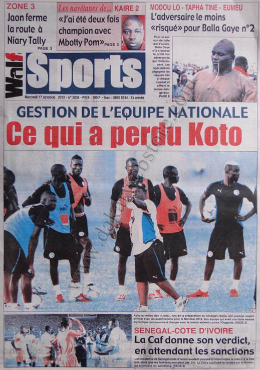 A la Une du Journal Walf Sports du 17 Octobre 