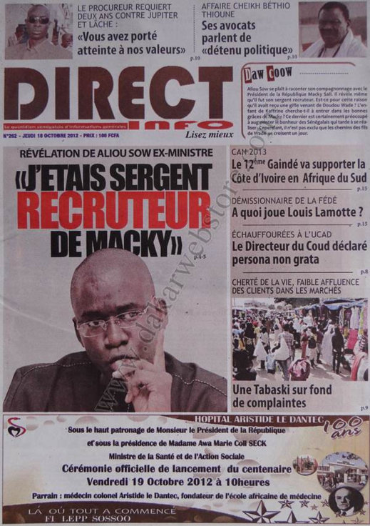 A la Une du Journal Direct Info du 18 Octobre