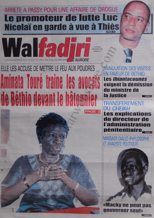 A la Une du Journal Walfadjri du 22 Octobre 