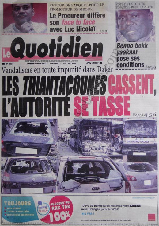 A la Une du Journal Le Quotidien du 23 Octobre 