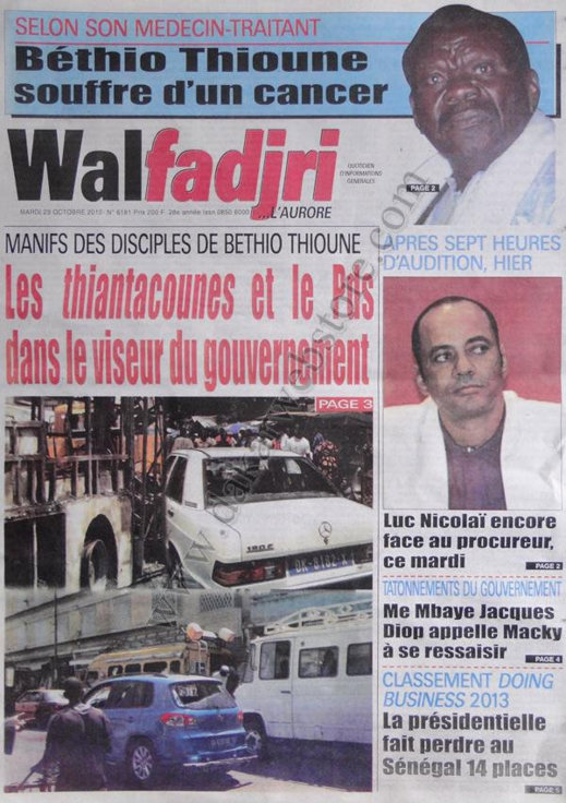 A la Une du Journal Walfadjri du 23 Octobre 