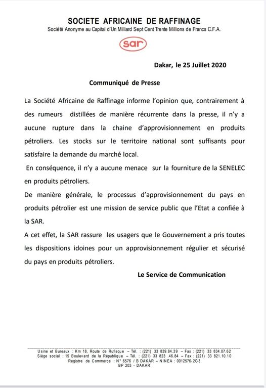 Menace sur la fourniture de combustible à la Senelec: Le démenti de la Sar !