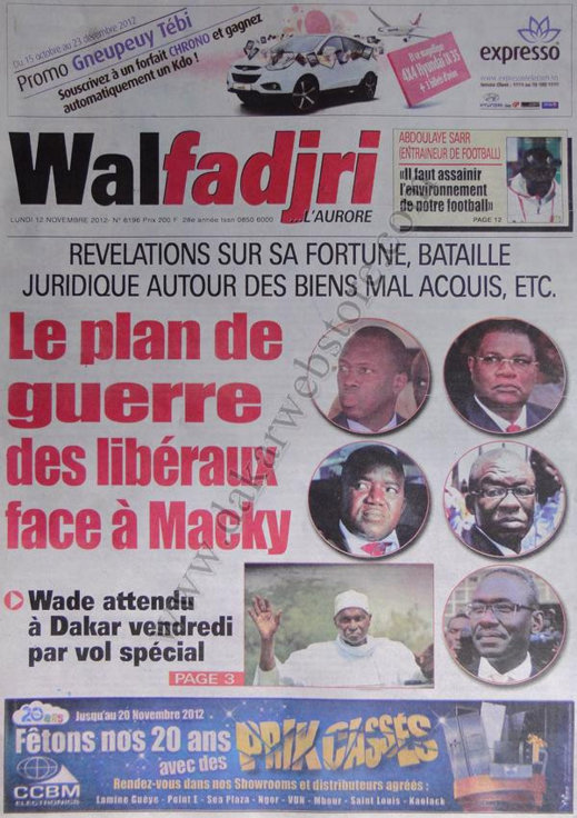 A la Une du Journal Walfadjri du 12 Novembre