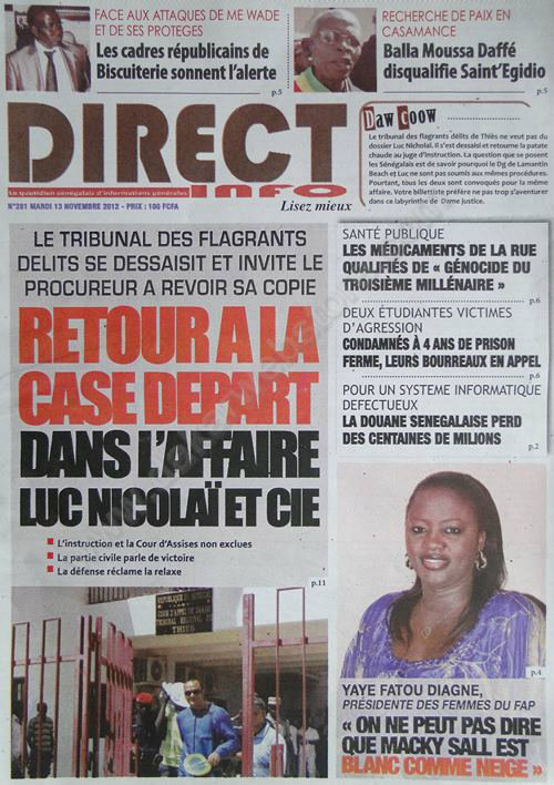 A la Une du Journal Direct Info du 13 Novembre