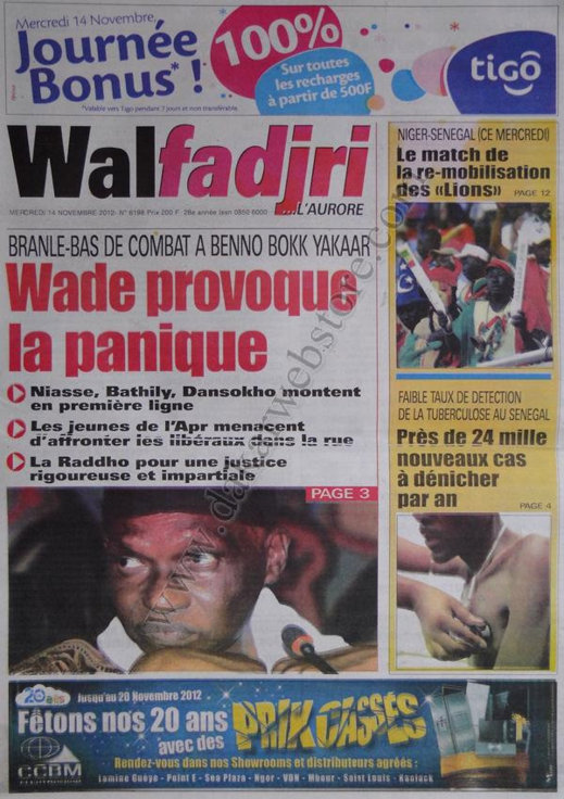 A la Une du Journal Walfadjri du 14 Novembre