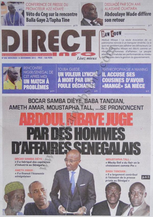 A la Une du Journal Direct Infos du 14 Novembre