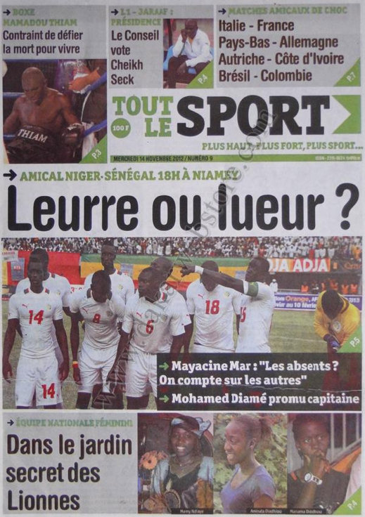 A la Une du Journal Tout Le Sport du 14 Novembre