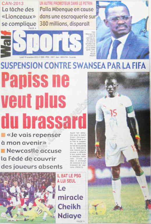 A la Une du Journal Walf Sport du 19 Novembre