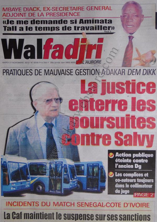 A la Une du Journal Walfadjri du 27 Novembre