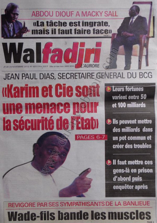 A la Une du Journal Walfadjri du 29 Novembre