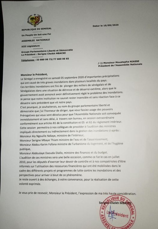 Inondations/Audition de ministres à l'Assemblée: La lettre du Pds à Moustapha Niasse!