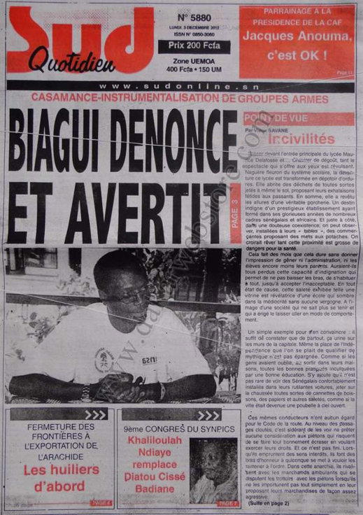 A la Une du Journal Sud Quotidien du 03 Décembre 2012