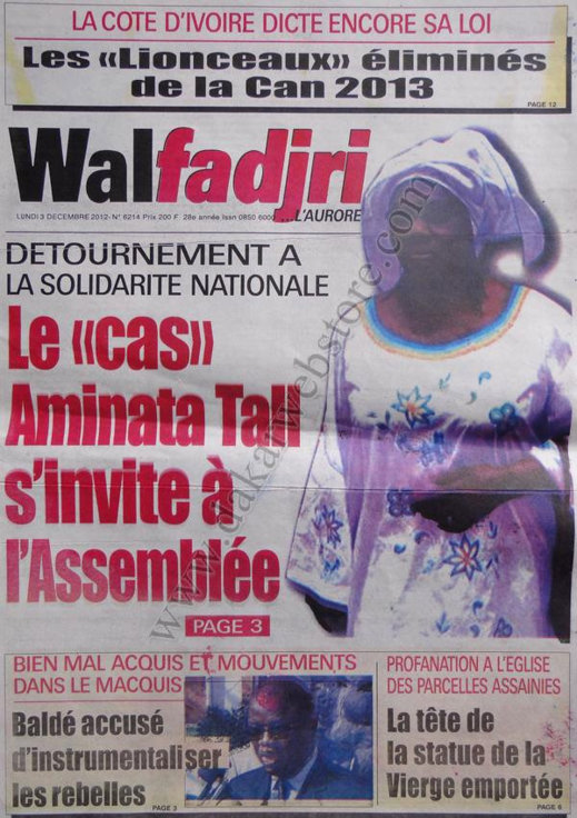 A la Une du Journal Walfadjri du 03 Décembre 2012