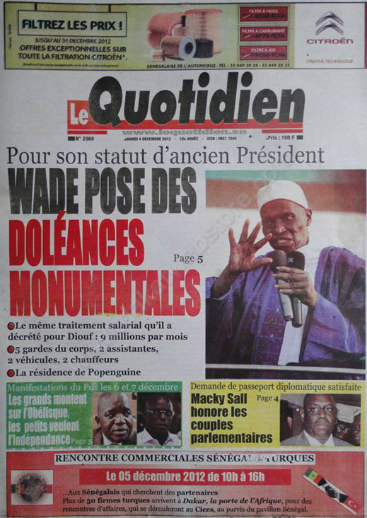 A la Une du Journal le Quotidien du Mardi 04 Décembre 2012