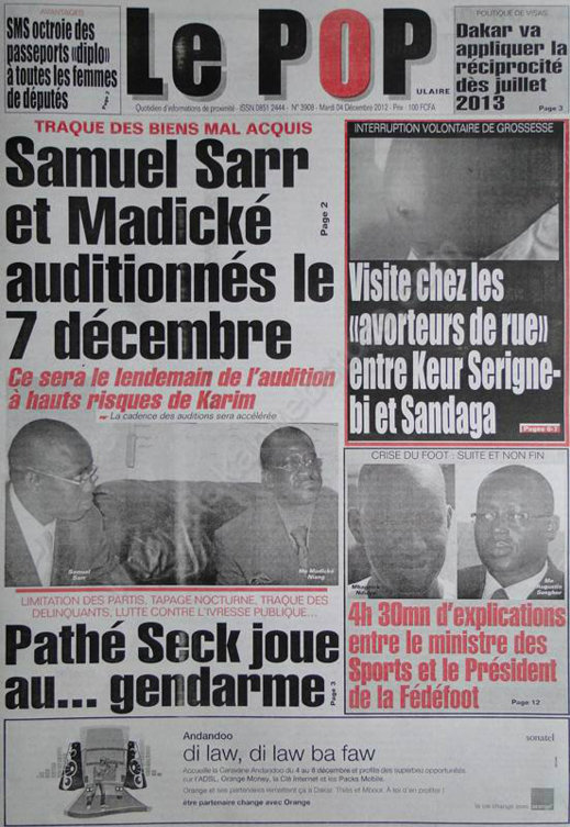 A la Une du Journal le Populaire du Mardi 04 Décembre 2012