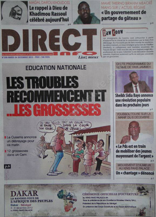 A la Une du Journal Direct Info du Mardi 04 Décembre 2012