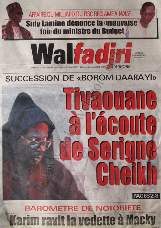 A la Une du Journal Walfadjri du mercredi 12 Décembre 2012