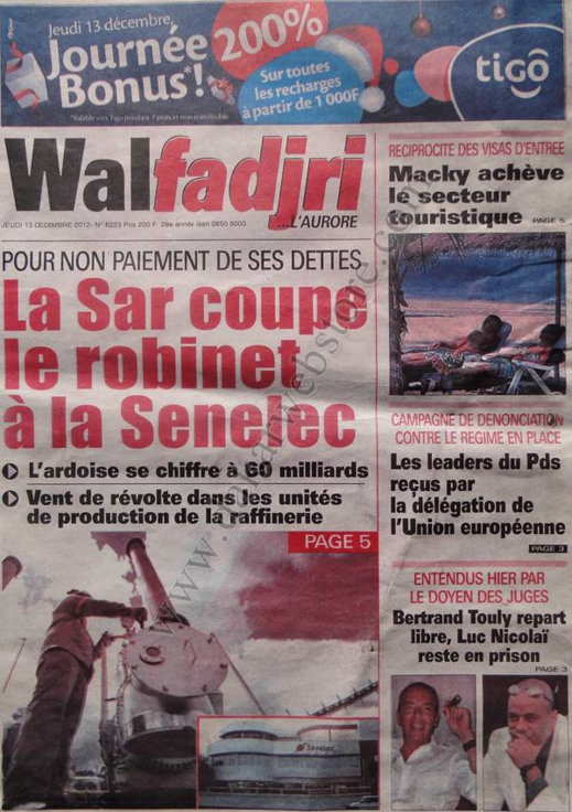 A la Une du Journal Walfadjri du Jeudi 13 Décembre 2012