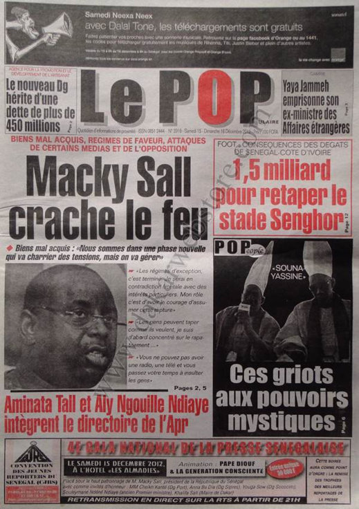 A la Une du Journal Le Populaire du Samedi 15 Décembre 2012