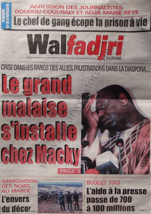 A la Une du Journal Walfadjri du Samedi 15 Décembre 2012