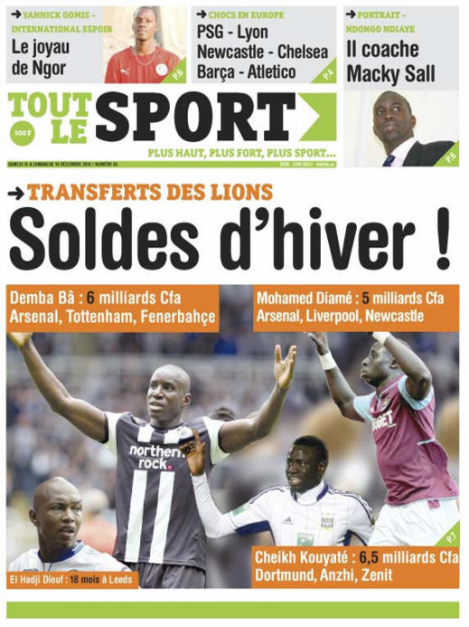 A la Une du Journal Toute le Sport du Samedi 15 Décembre 2012