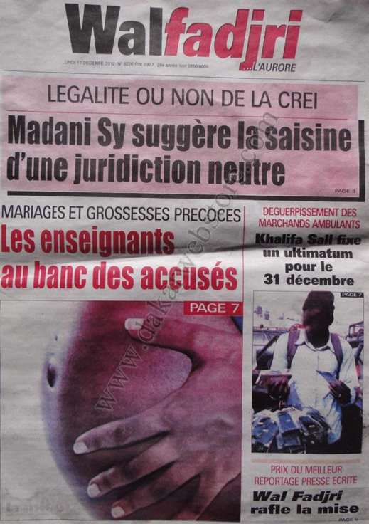 A la Une du Journal wafadjri du lundi 17 Décembre 2012